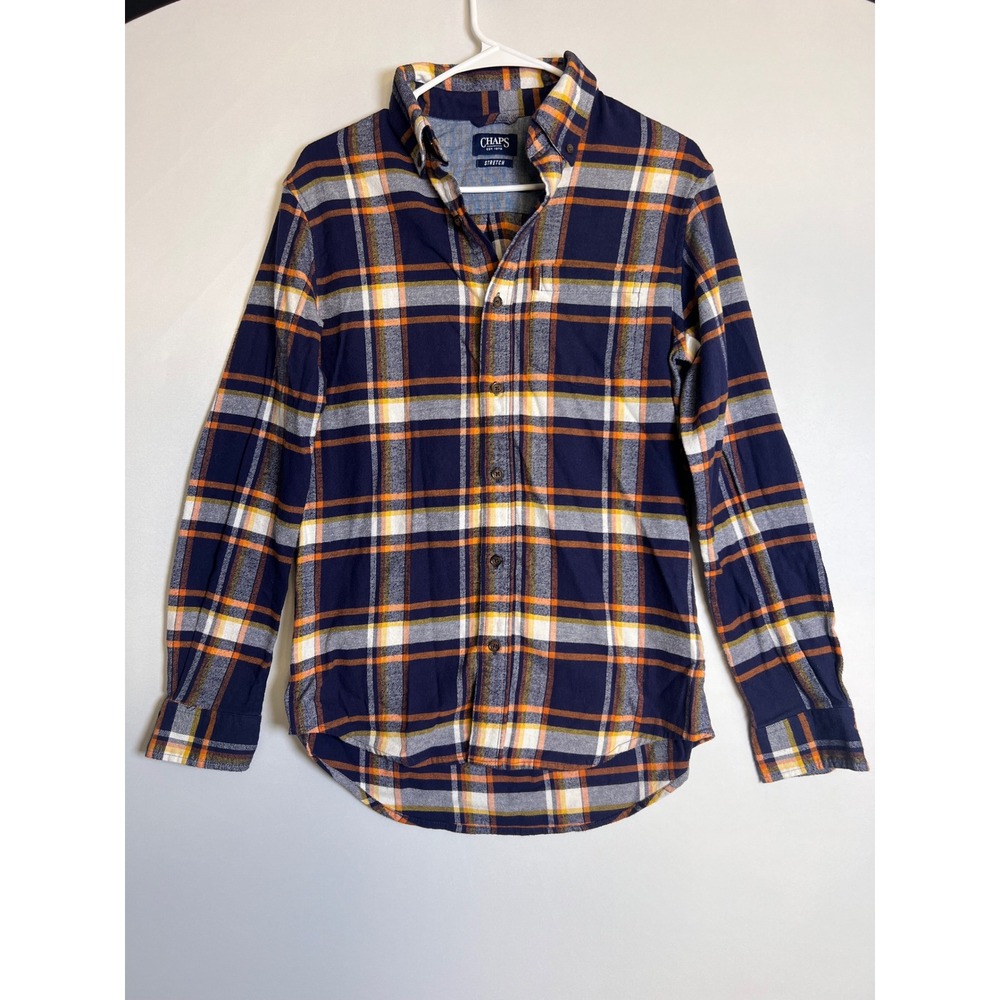 Chaps Mens Navy Blue Orange Plaid Stretch Flannel Button Down Shirt Small